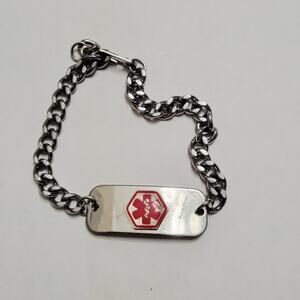 Vintage Bracelet Diabetic Medical ID Curb Chain Silver Tone Foldover Clasp Alert
